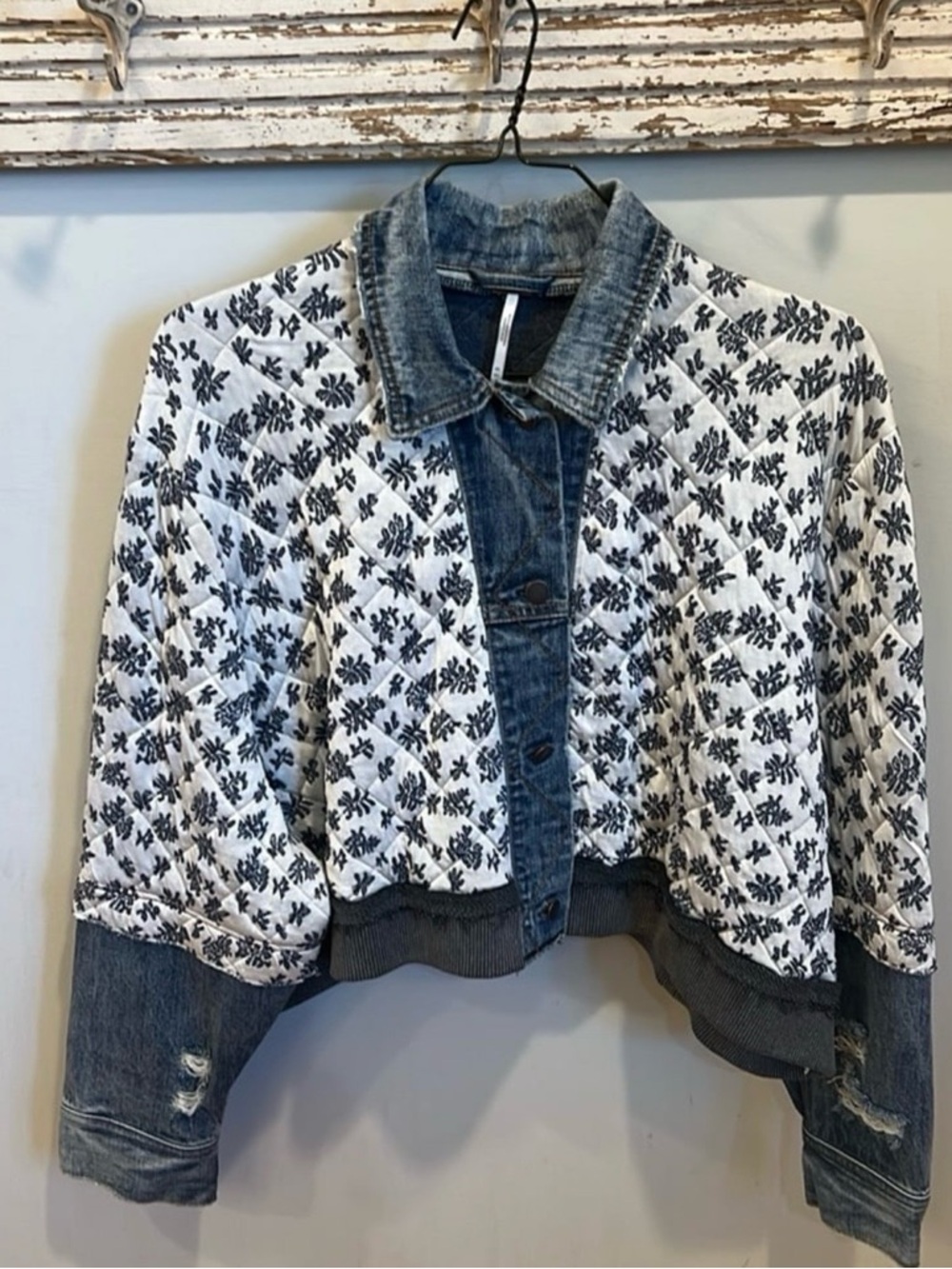 Free people rare ditsy Quilted White & Denim Mixed floral Jacket